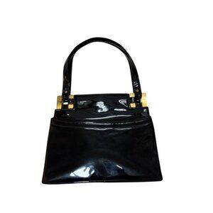 Lux Black Patent Leather Handbag Glossy VTG 60s Top Handles Gold Tone Hardware